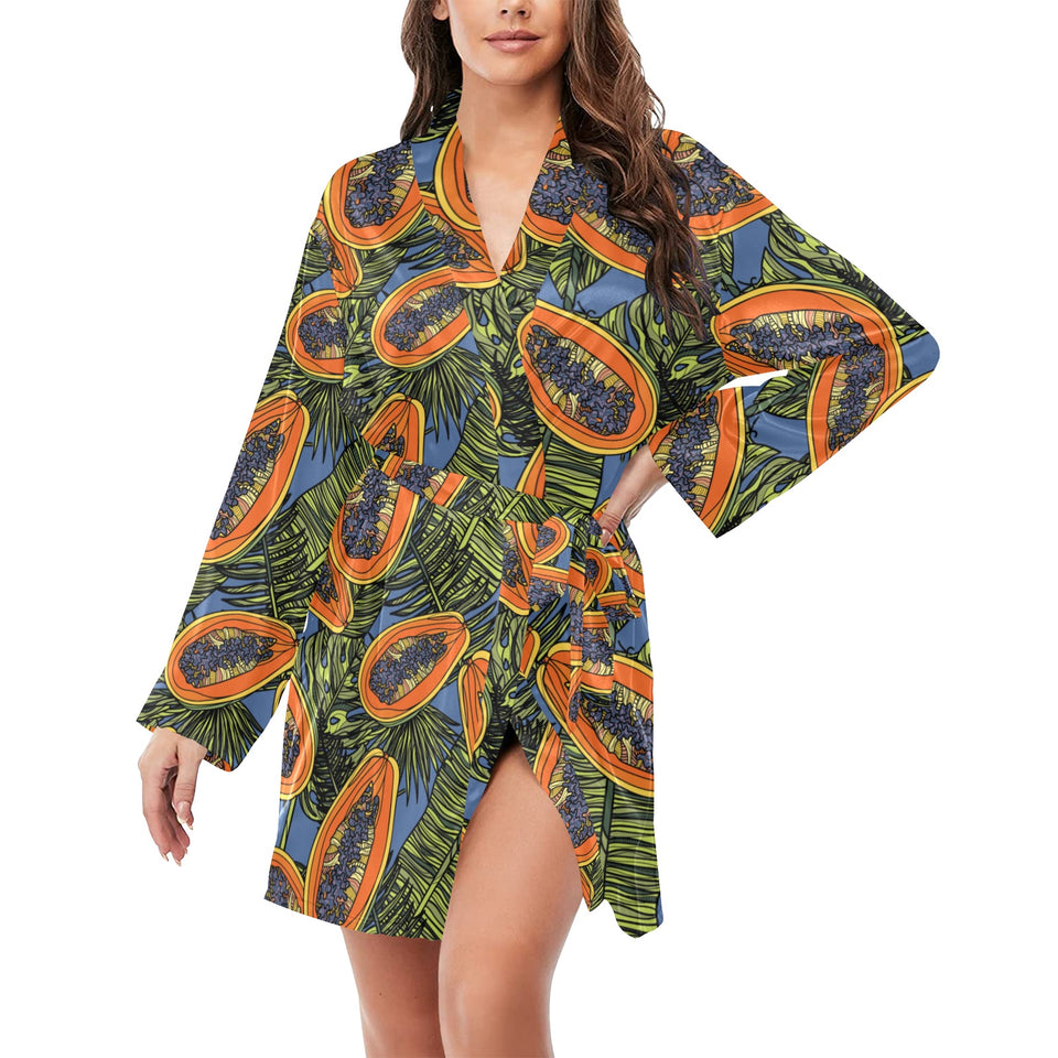 Colorful papaya tropical leaves Women's Long Sleeve Belted Night Robe