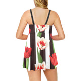 red and white tulips pattern Chest Sexy Pleated Two Piece Swim Dress