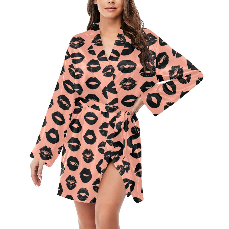 Lips Pattern Print Design 02 Women's Long Sleeve Belted Night Robe