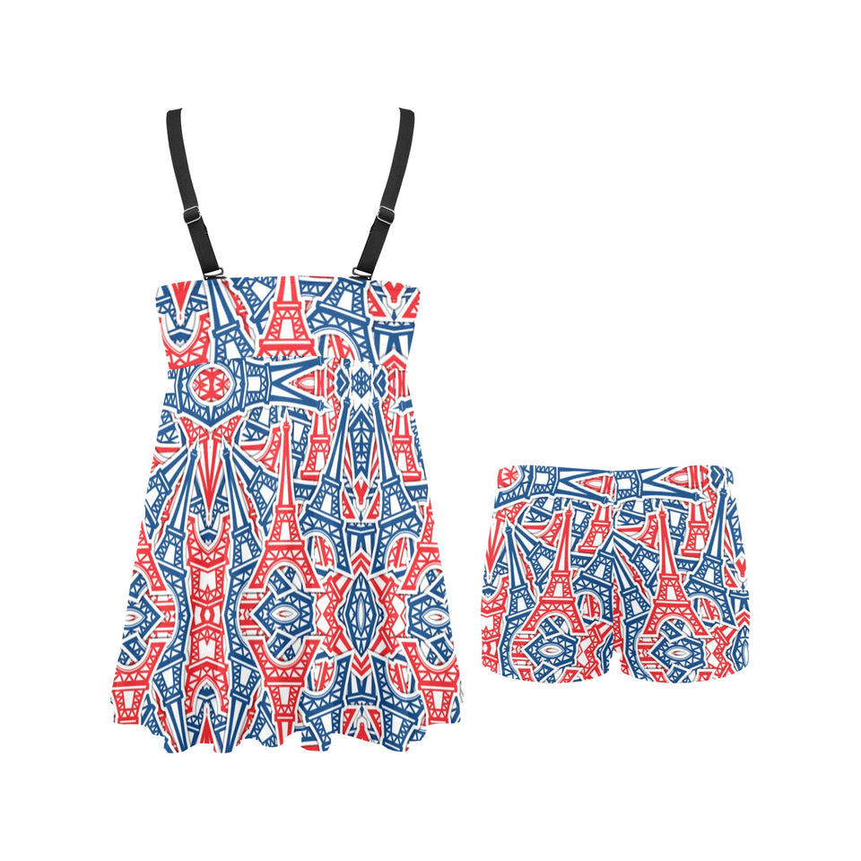 Blue Red Eiffel Tower Pattern Print Design 02 Chest Sexy Pleated Two Piece Swim Dress