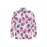 Strawberry pattern blue lines background Men's Long Sleeve Polo Shirt