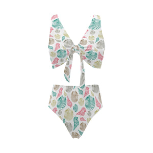 Colorful shell pattern Chest Bowknot High Waisted Bikini Swimsuit