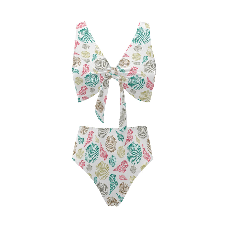 Colorful shell pattern Chest Bowknot High Waisted Bikini Swimsuit