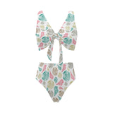 Colorful shell pattern Chest Bowknot High Waisted Bikini Swimsuit