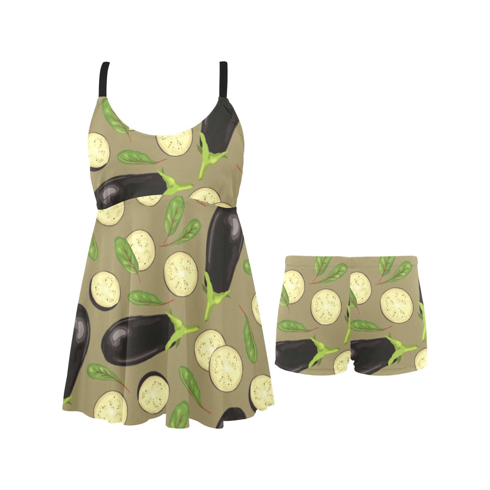 Eggplant Pattern Print Design 02 Chest Sexy Pleated Two Piece Swim Dress