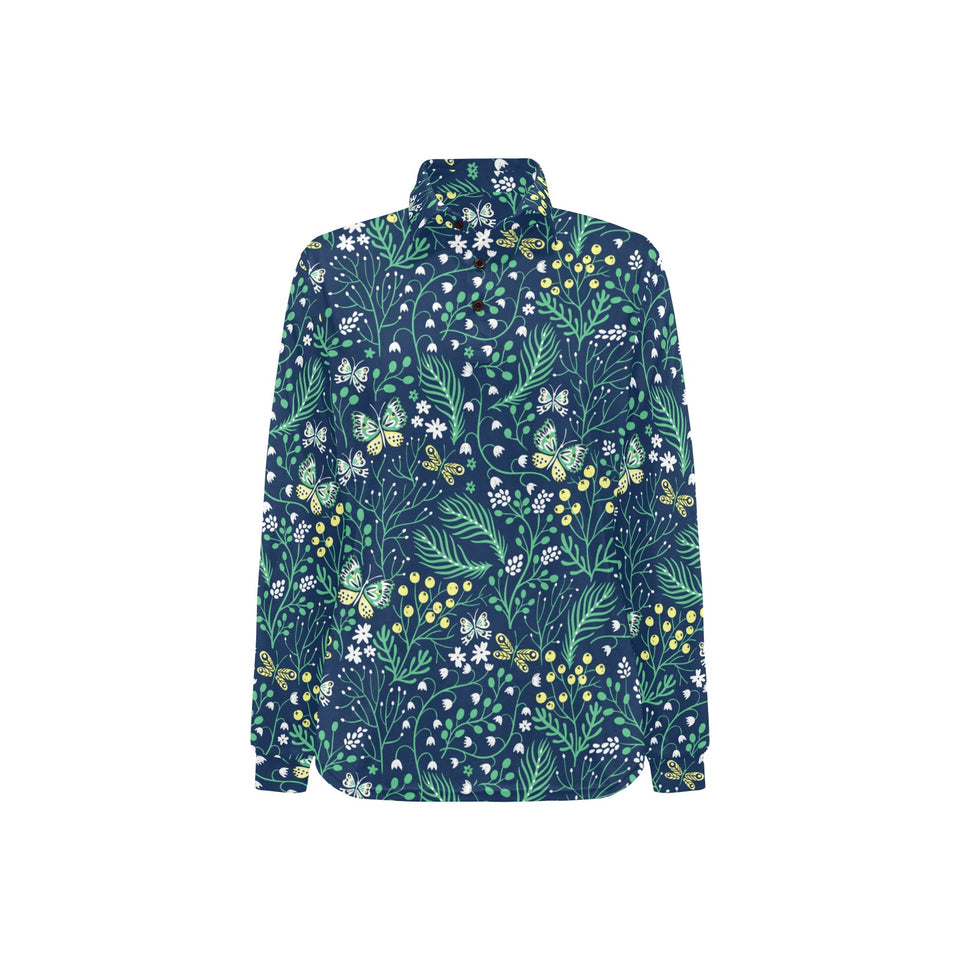 butterfly leaves pattern Women's Long Sleeve Polo Shirt