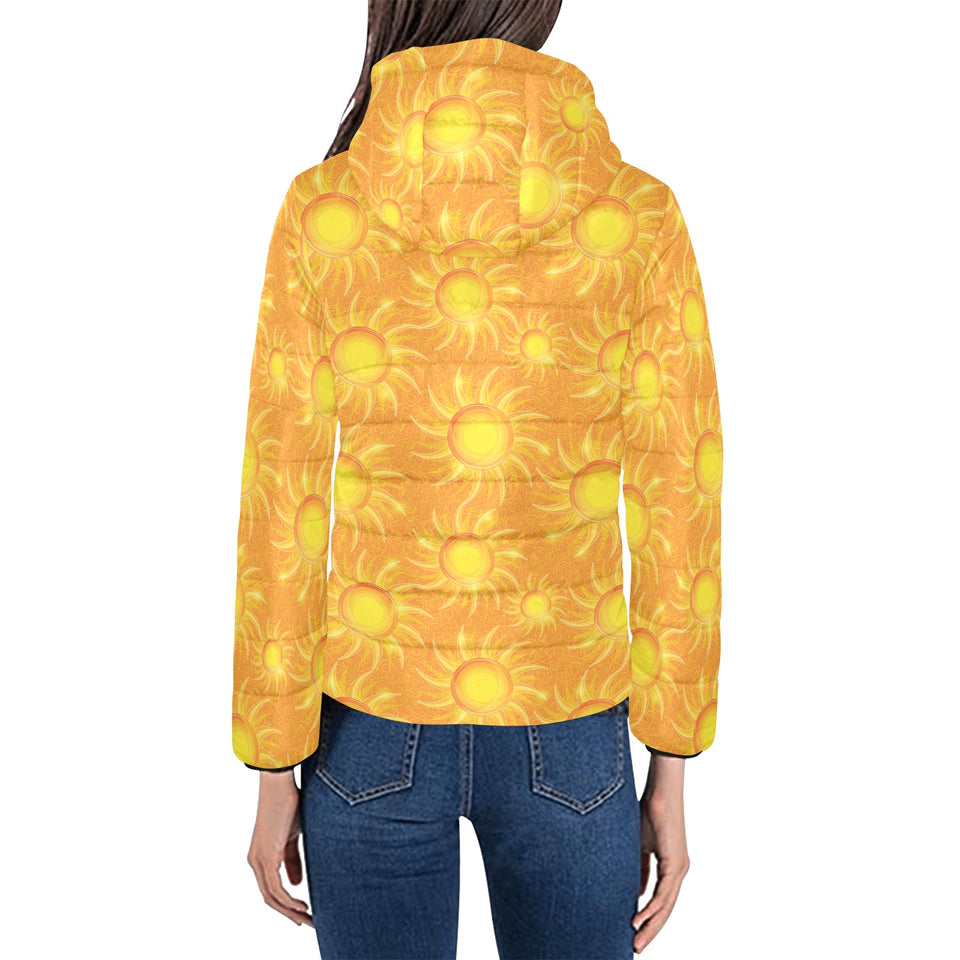 Sun orange background Women's Padded Hooded Jacket