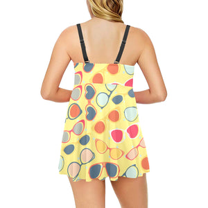 Sun Glasses Pattern Print Design 05 Chest Sexy Pleated Two Piece Swim Dress