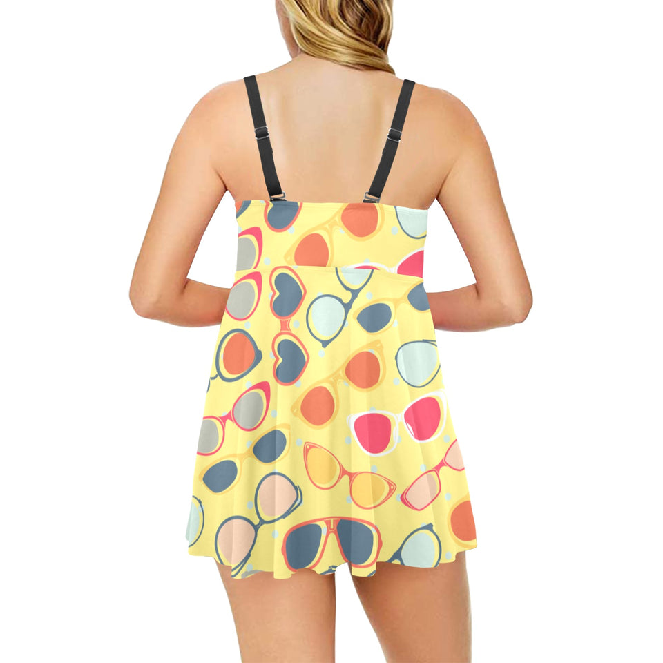 Sun Glasses Pattern Print Design 05 Chest Sexy Pleated Two Piece Swim Dress
