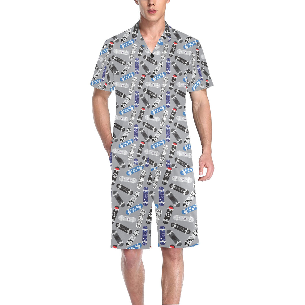 Skate Board Pattern Print Design 03 Men's V-Neck Short Pajama Set