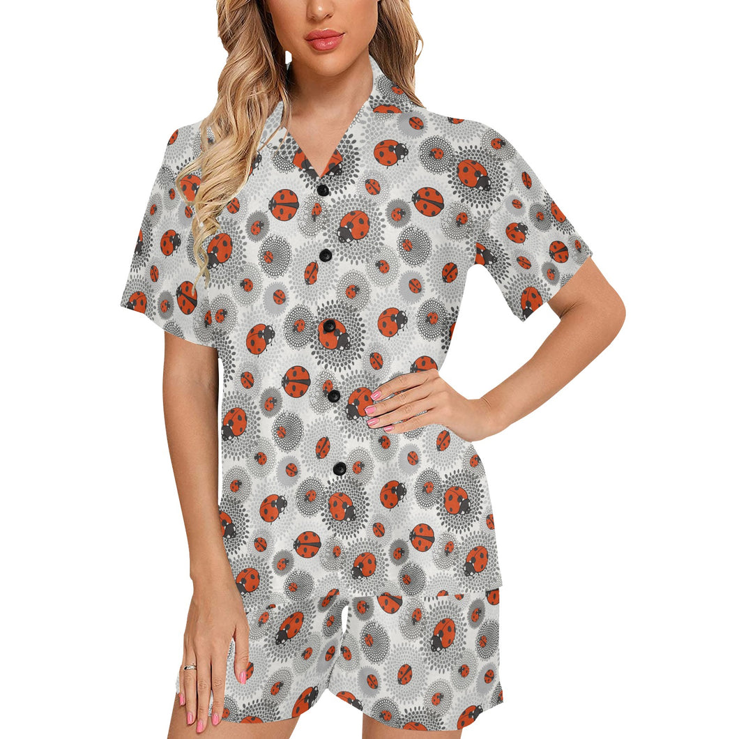 Ladybug Pattern Print Design 05 Women's V-Neck Short Pajama Set