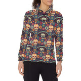 Sugar skulls flower maxican pattern Women's Long Sleeve Polo Shirt