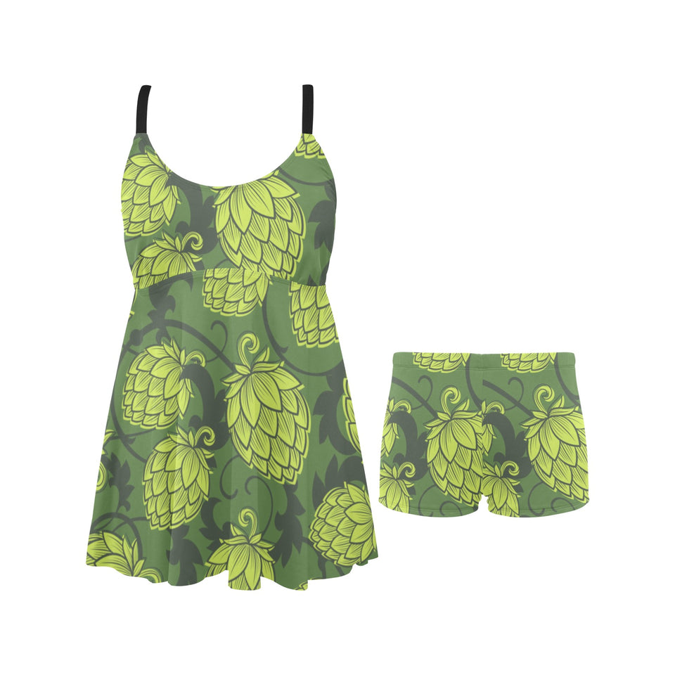 Hop pattern Hop cone background Chest Sexy Pleated Two Piece Swim Dress