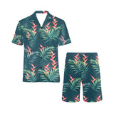 heliconia flowers, palm and monstera leaves on bla Men's V-Neck Short Pajama Set