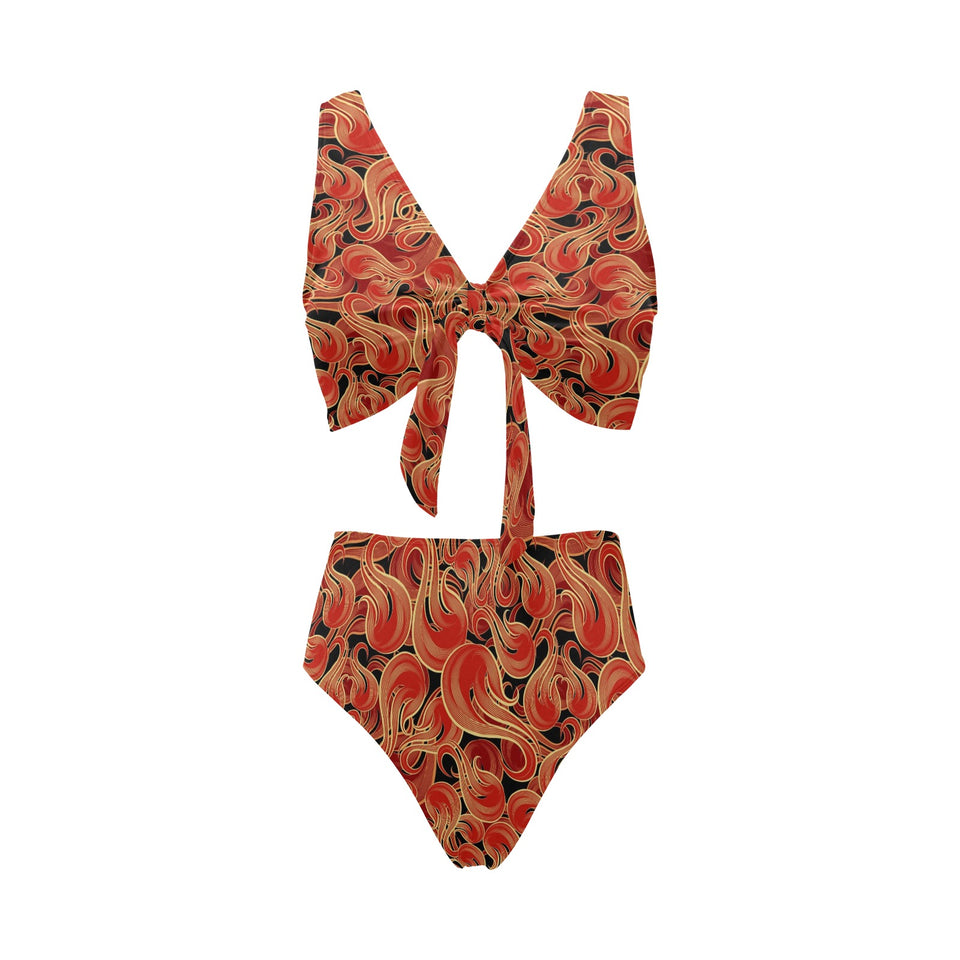 Fire flame pattern Chest Bowknot High Waisted Bikini Swimsuit