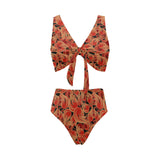 Fire flame pattern Chest Bowknot High Waisted Bikini Swimsuit