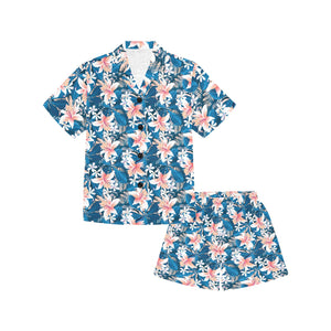 Hibiscus Pattern Print Design 02 Kids' Boys' Girls' V-Neck Short Pajama Set