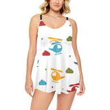 Colorful helicopter pattern Chest Sexy Pleated Two Piece Swim Dress
