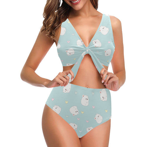 White cute hamsters heart pattern Chest Bowknot High Waisted Bikini Swimsuit