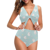 White cute hamsters heart pattern Chest Bowknot High Waisted Bikini Swimsuit