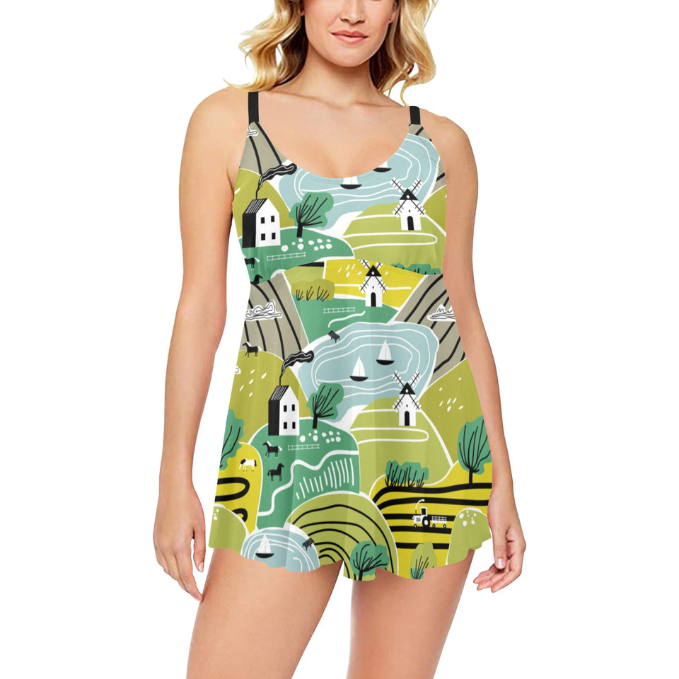 Hand drawn windmill pattern Chest Sexy Pleated Two Piece Swim Dress