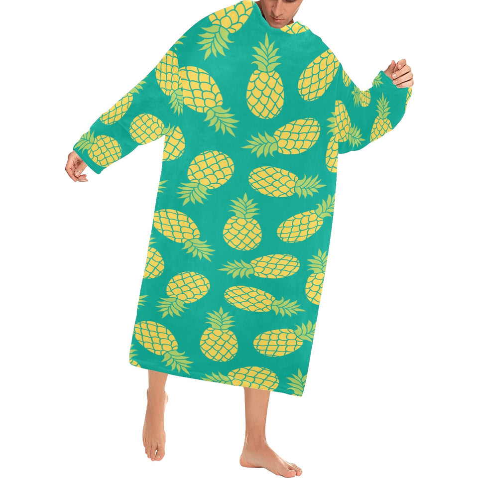 Pineapples pattern green background Blanket Robe with Sleeves