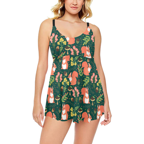 Squirrel Pattern Print Design 03 Chest Sexy Pleated Two Piece Swim Dress