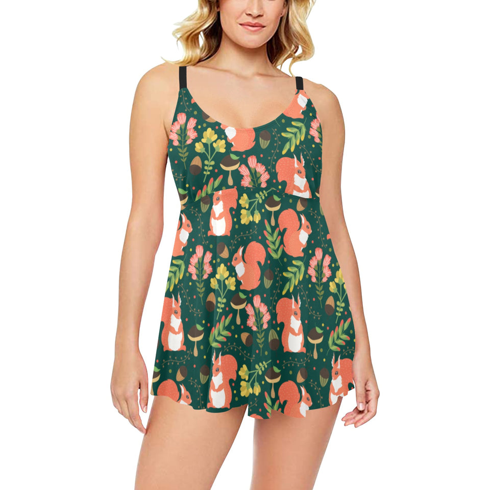 Squirrel Pattern Print Design 03 Chest Sexy Pleated Two Piece Swim Dress