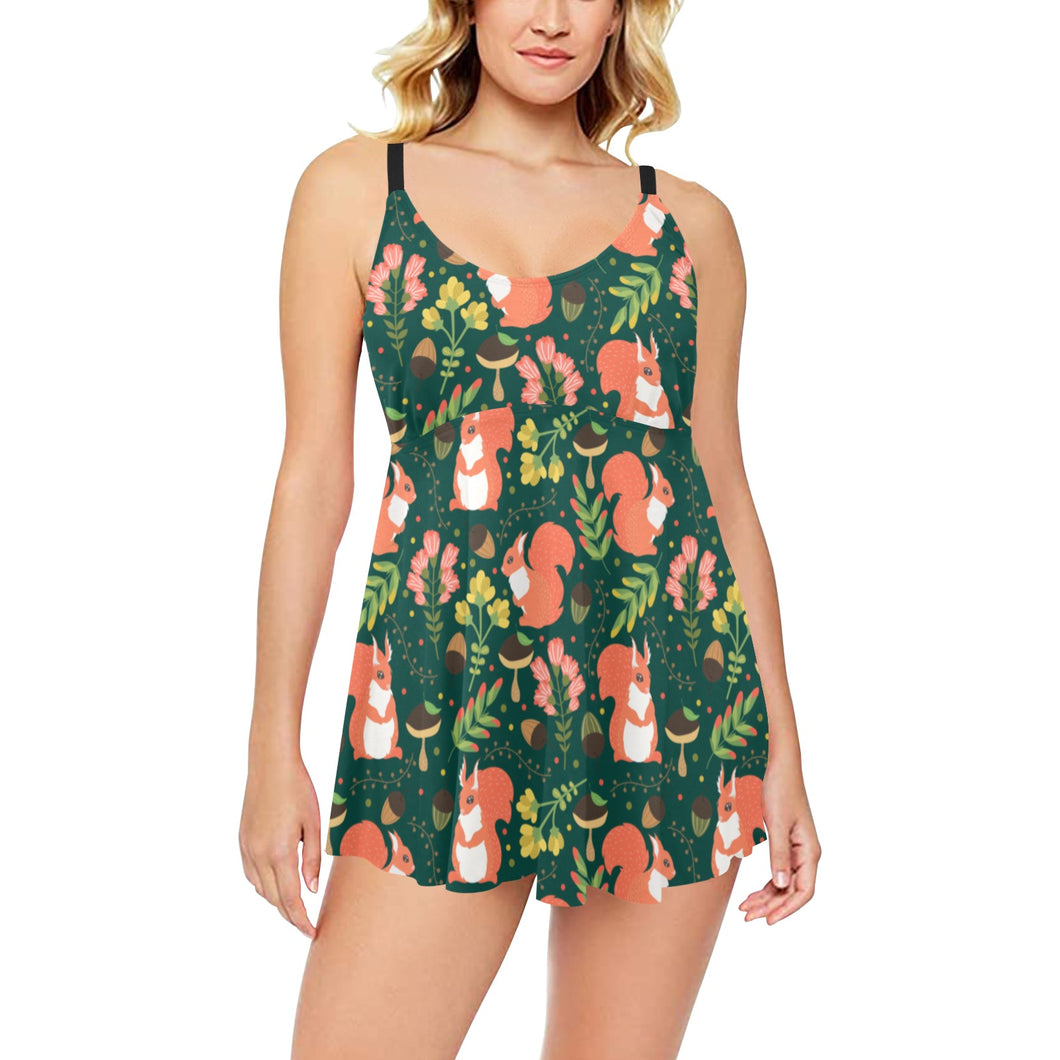 Squirrel Pattern Print Design 03 Chest Sexy Pleated Two Piece Swim Dress