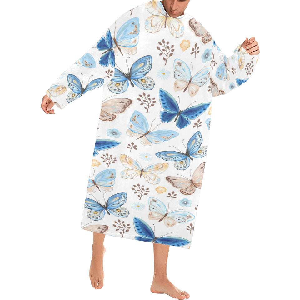 blue butterfly pattern Blanket Robe with Sleeves