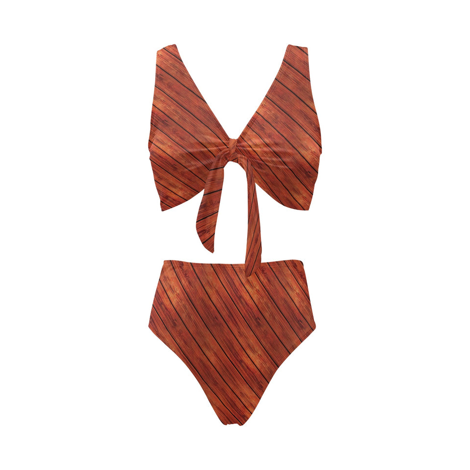 Wood Printed Pattern Print Design 03 Chest Bowknot High Waisted Bikini Swimsuit