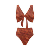 Wood Printed Pattern Print Design 03 Chest Bowknot High Waisted Bikini Swimsuit