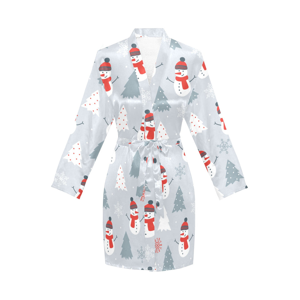 Snowman christmas tree snow gray background Women's Long Sleeve Belted Night Robe