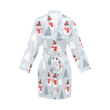 Snowman christmas tree snow gray background Women's Long Sleeve Belted Night Robe