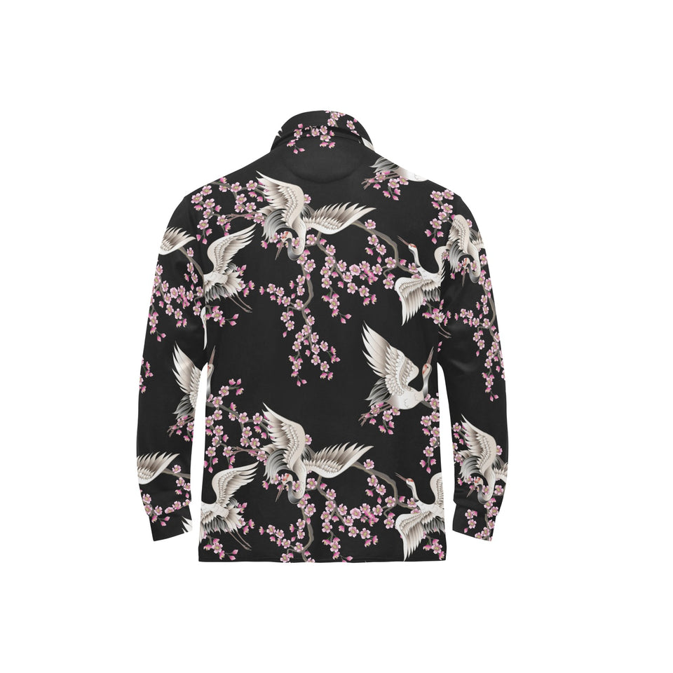 Japanese crane pink sakura pattern Men's Long Sleeve Polo Shirt