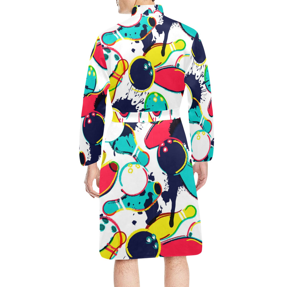 watercolor bowling ball pins Men's Long Sleeve Belted Night Robe