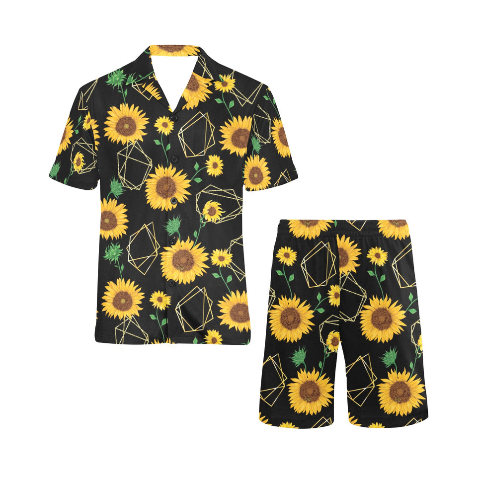 sunflower golden polygonal shapes Men's V-Neck Short Pajama Set