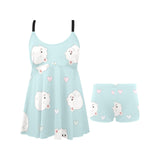 White cute hamsters heart pattern Chest Sexy Pleated Two Piece Swim Dress