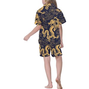 Gold dragon pattern Kids' Boys' Girls' V-Neck Short Pajama Set