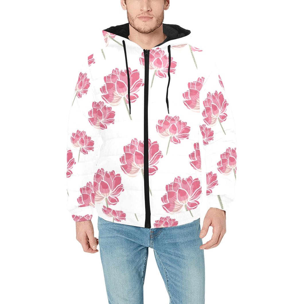 Pink lotus waterlily pattern Men's Padded Hooded Jacket