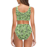 Canabis Marijuana Weed Pattern Print Design 01 Chest Bowknot High Waisted Bikini Swimsuit