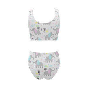 Cute elephant mouse pattern Chest Bowknot High Waisted Bikini Swimsuit