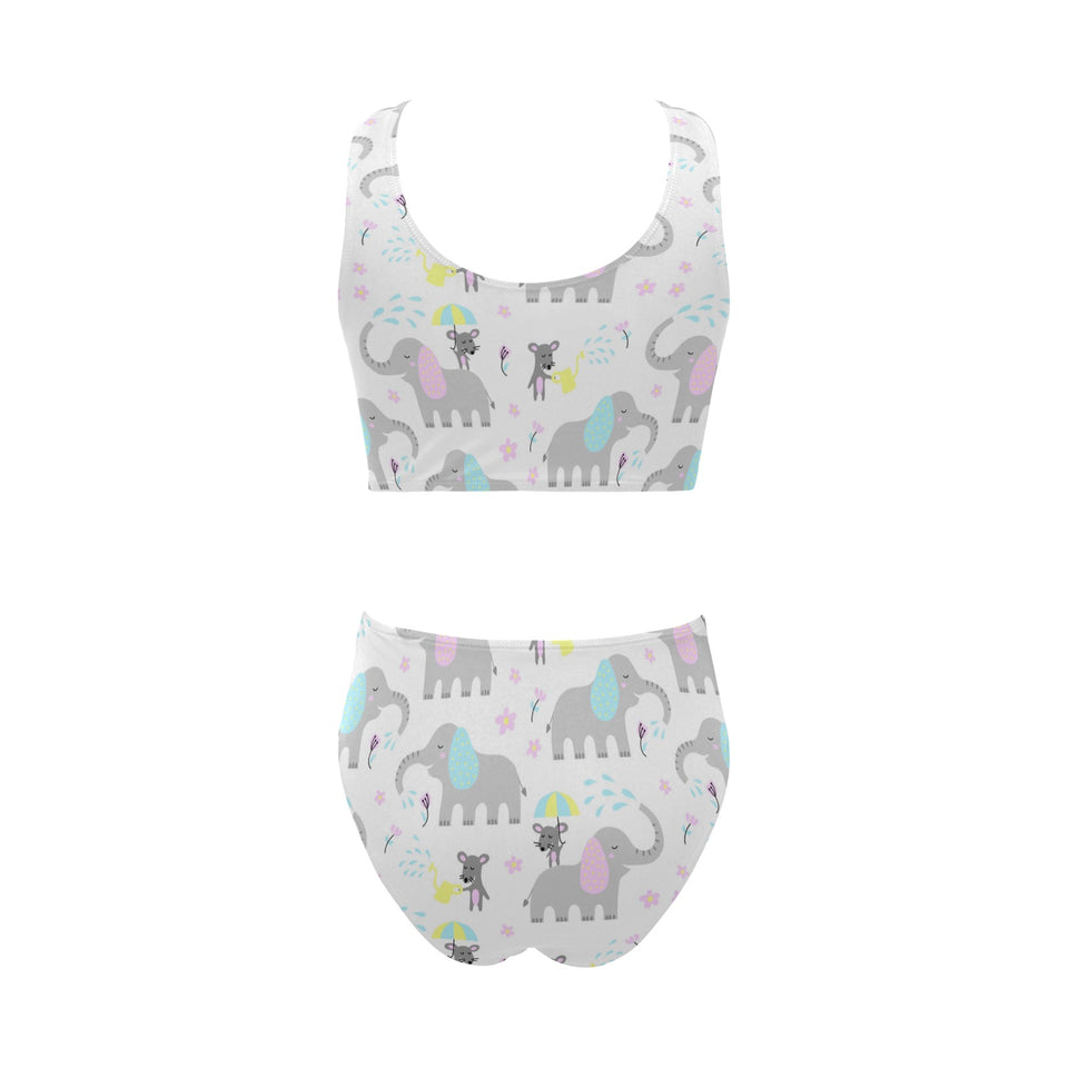 Cute elephant mouse pattern Chest Bowknot High Waisted Bikini Swimsuit