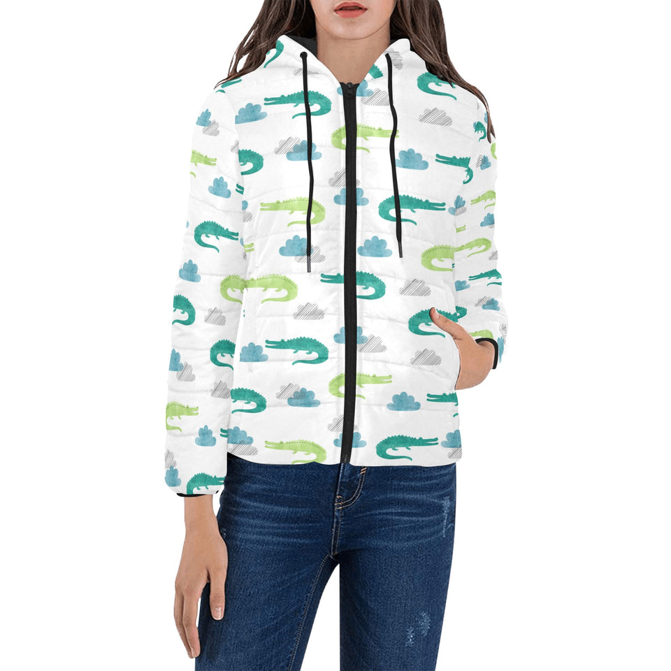 watercolor crocodile pattern Women's Padded Hooded Jacket