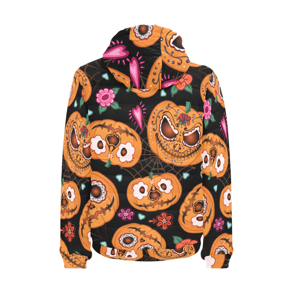 Pumpkin flowers spiderweb Halloween theme Men's Padded Hooded Jacket
