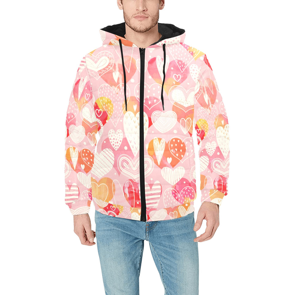 Hand drawn heart design pattern Men's Padded Hooded Jacket