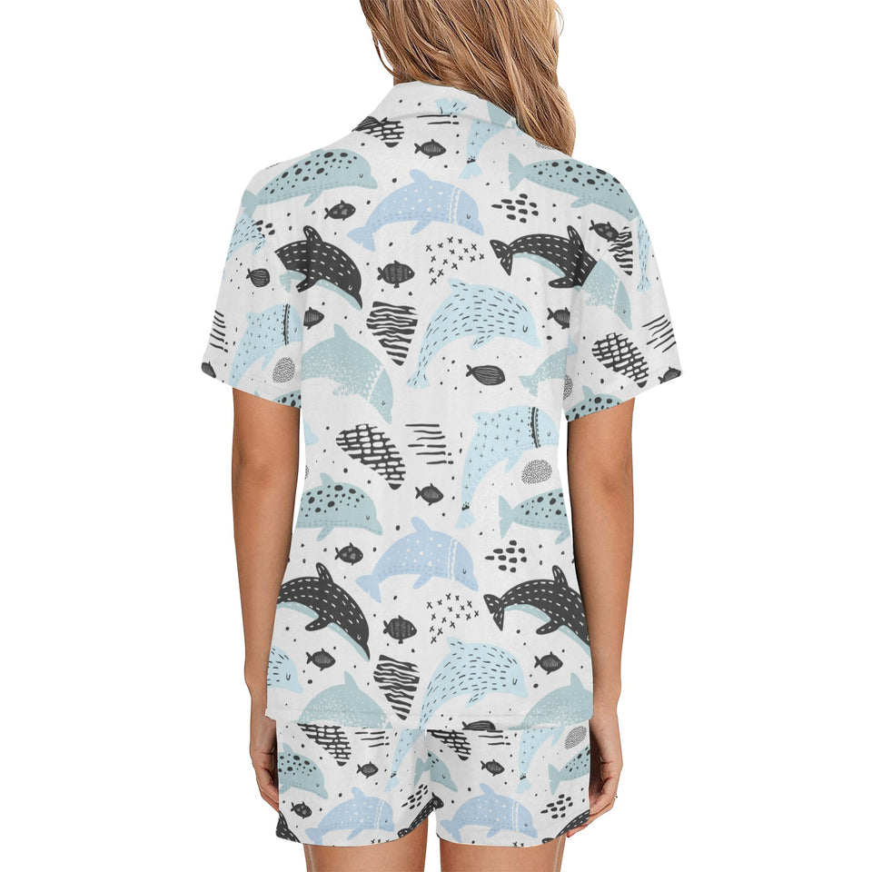 Cute dolphins Childish Style pattern Women's V-Neck Short Pajama Set