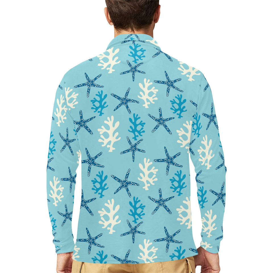 Blue starfish coral reef pattern Men's Long Sleeve Polo Shirt