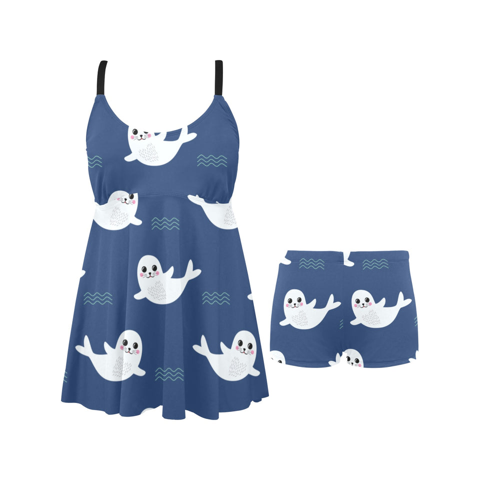 Cute white baby sea lion seal pattern Chest Sexy Pleated Two Piece Swim Dress