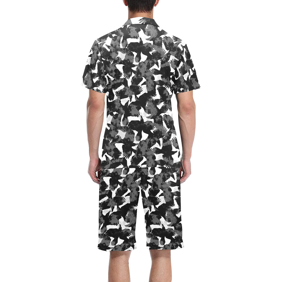 Crow illustration pattern Men's V-Neck Short Pajama Set